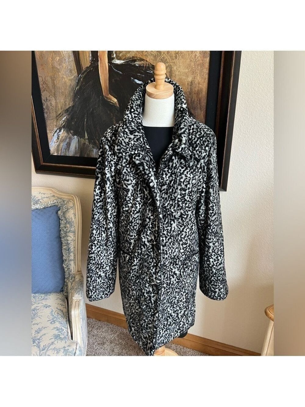 Dennis Basso Faux Fur Black/White Leopard Coat Size XL